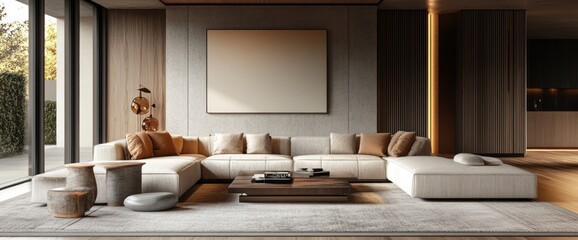 Modern Living Room with Sectional Sofa, Wooden Accents, and Large Blank Canvas