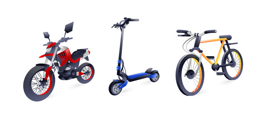 Set of illustrations of two-wheeled transport, motorcycle, electric scooter, bicycle, realistic in 3D style.