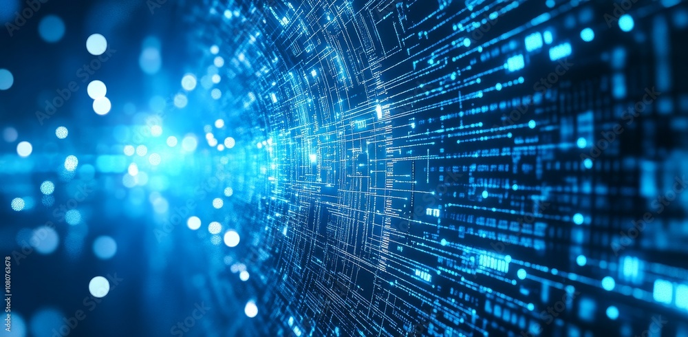 Aufkleber illustration of high tech digital design concepts rendered in abstract blue.