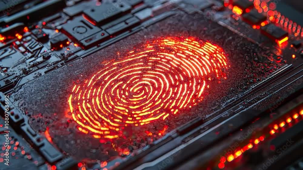 Poster digital fingerprint technology on circuit boards with modern design, glowing red to symbolize securi