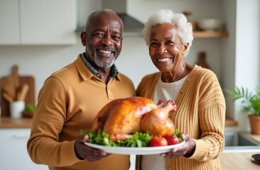 smiling Mature couple holding plate with big turkey, white kitchen background