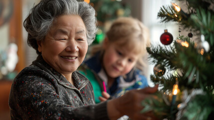Diverse family enjoying Christmas together around a decorated tree.