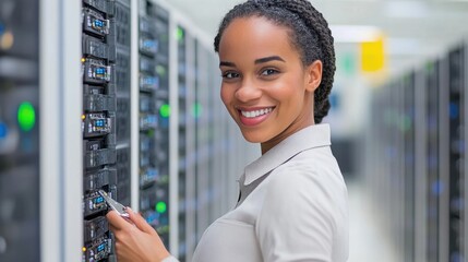 Smiling Woman in a Server Room Holding a Tool while Maintaining Network Equipment and Working with Computer Technology in a Modern Data Center