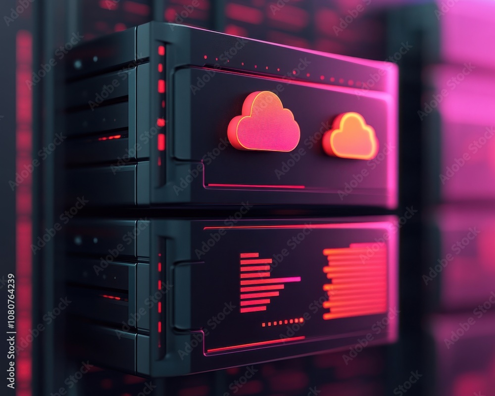 Aufkleber futuristic server hardware with cloud icons, illuminated in neon colors, representing advanced data 