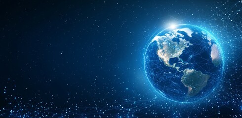 Digital innovation and technology concept in an abstract blue digital economy or metaverse.