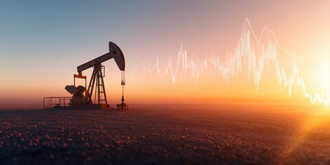 Naklejka premium energy stock oil. A silhouette of an oil pumpjack against a vibrant sunset, with digital waveforms overlaid, symbolizing the oil industry's data-driven future.