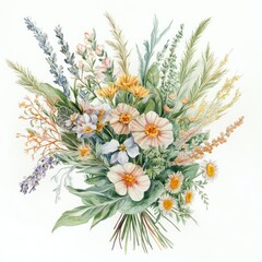Fototapeta premium Elegance of Vintage Botanical Watercolor Florals in Romantic White Background