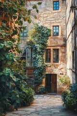 Naklejka premium Enchanting Ivy Growth Surrounding Historic Stone Buildings in Old City
