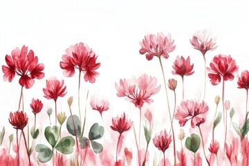 Hand Drawn Watercolor Clover Flowers in Red and Pink Field. Botanical Illustration with Herbal Medicine Concept