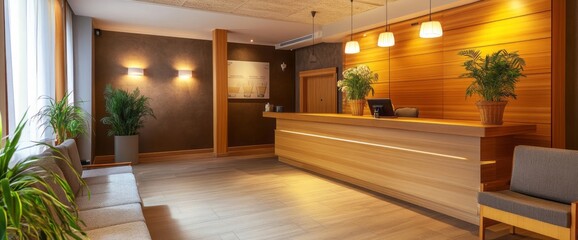 Modern Hotel Lobby with Wooden Reception Desk and Seating