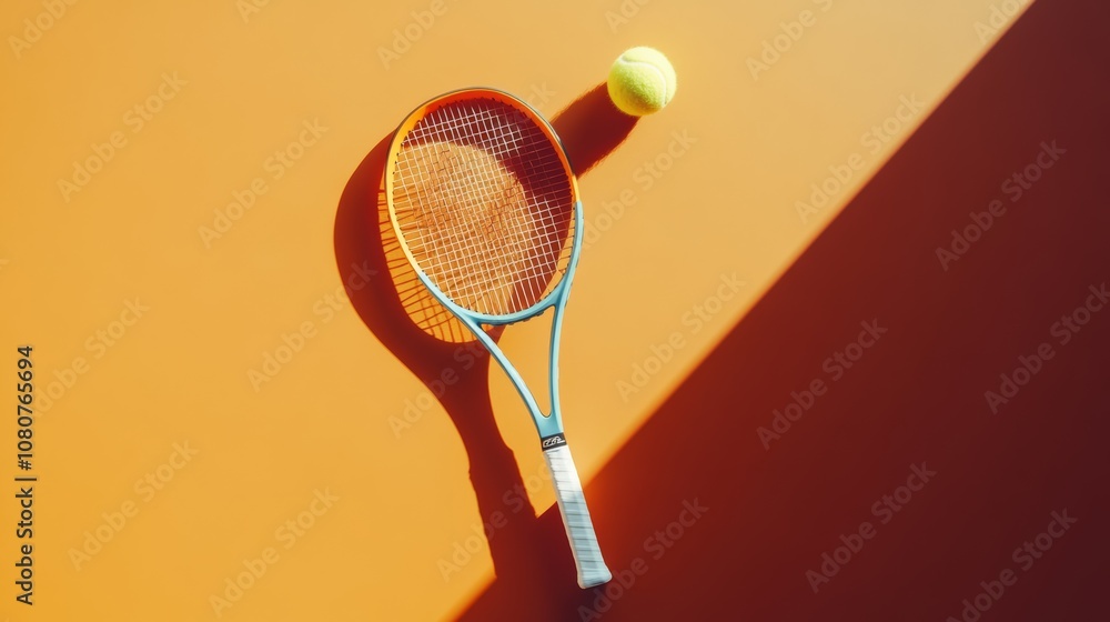 Poster tennis racket and ball are casting a shadow on an orange background, creating a visually striking im