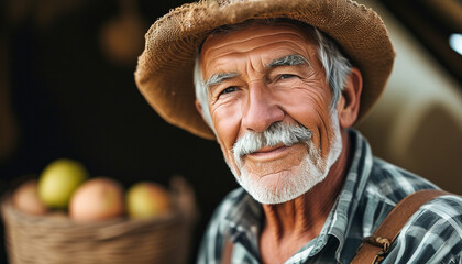 Smiling farmer in a straw hat enjoying apple harvest on a sunny autumn day