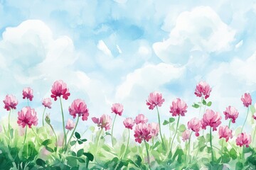 Hand-drawn Watercolor Clover Flowers Illustration in Red and Pink Field