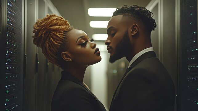 Elegant Couple Sharing Intimate Moment in a Modern Server Room, Capturing Romantic Connection Amidst Technology and Digital Environment