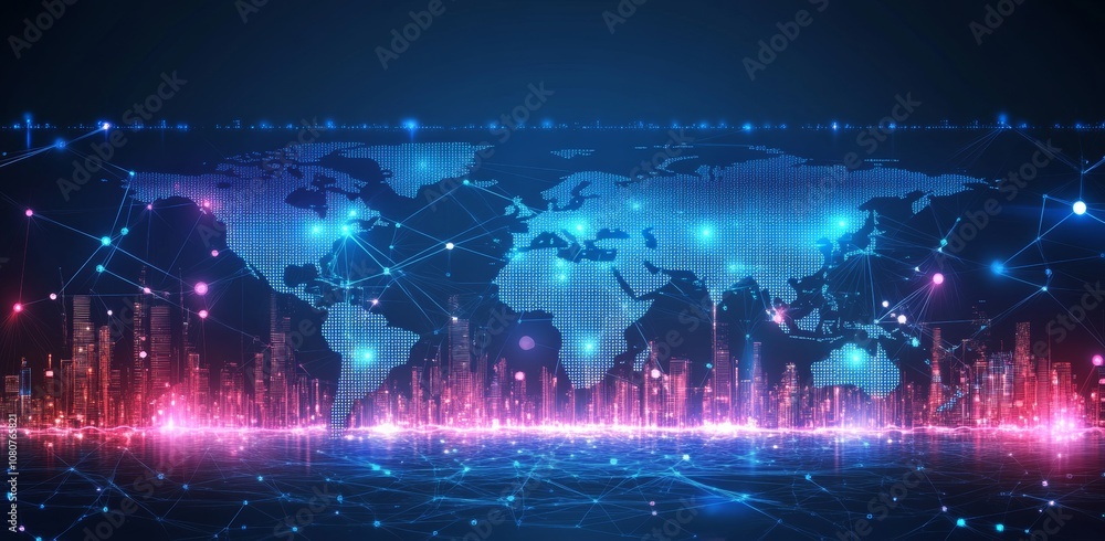 Poster wireframe illustration of modern digital globes with wave dots connected. modern technology backgrou