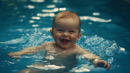 A baby is smiling and splashing in a pool of water
