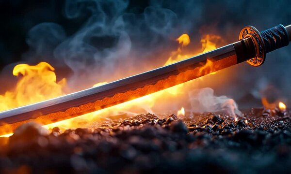 A glowing sword rests on a dark surface, surrounded by flames and smoke.
