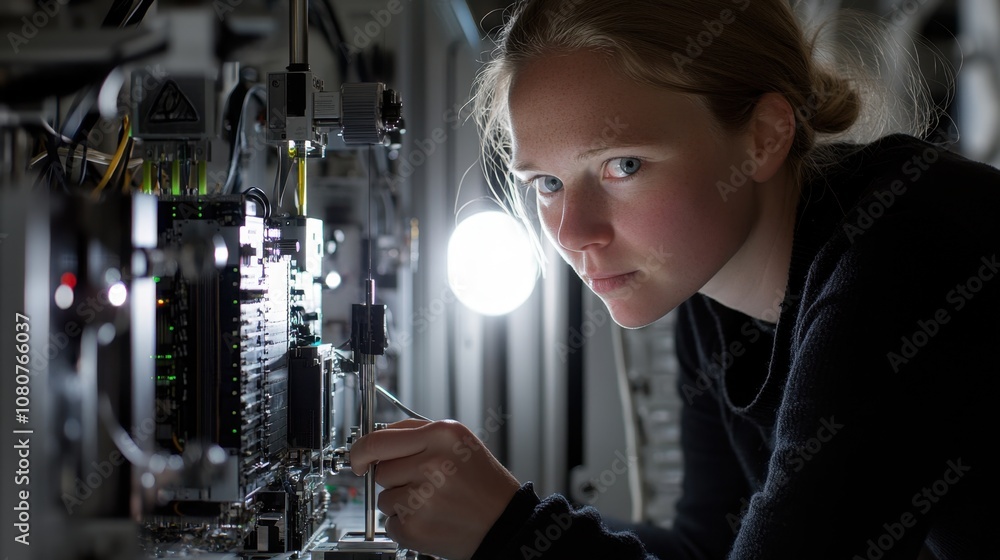 Poster young female engineer working with circuit board and electronic components in advanced technology en