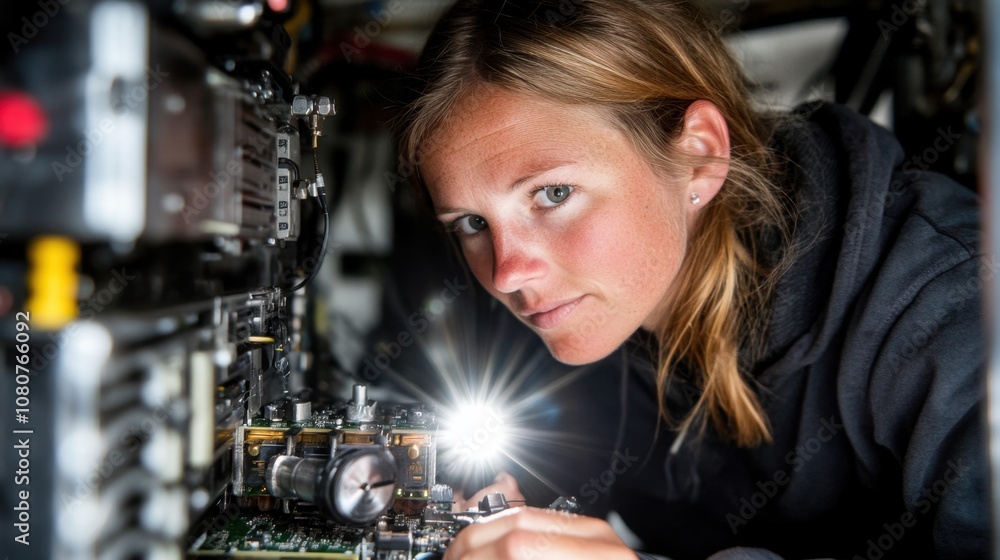 Poster young female engineer working with circuit boards and electronic components in a laboratory environm