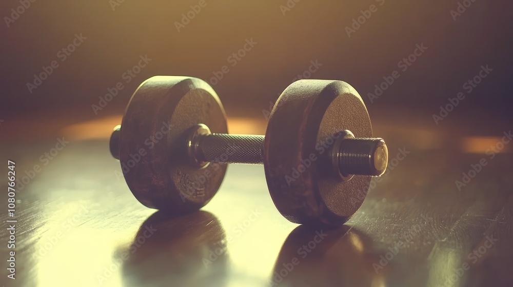 Poster metal dumbbell resting on wooden floor reflecting warm sunlight creating an evocative and motivation
