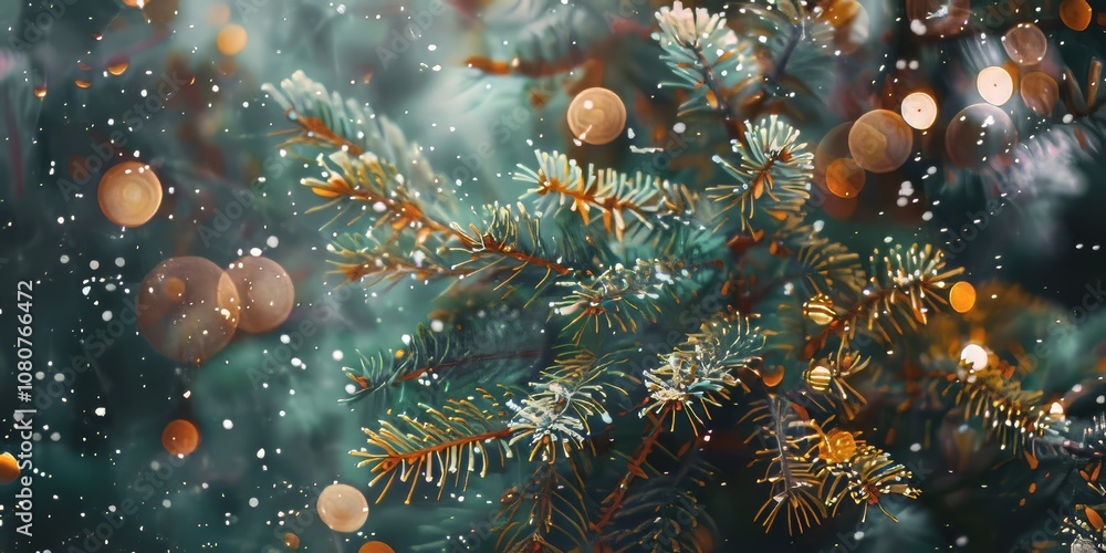 Poster snow-dusted evergreen branches with glowing bokeh lights create a magical winter atmosphere in this 
