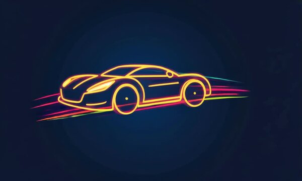 A neon-colored, stylized car icon streaks across a dark blue background, creating a sense of speed and motion.