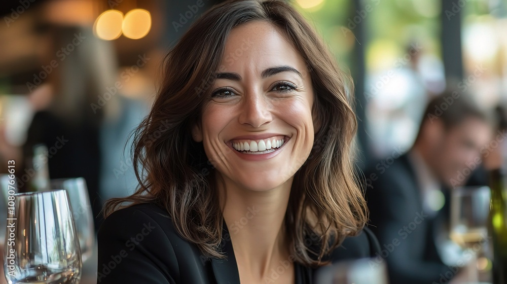 Poster smiling businesswoman enjoying a meal during a meeting with colleagues in a warm and friendly atmosp