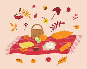 Cozy autumn set elements in flat graphic design. Bundle of picnic blanket, wicker basket, coffee thermos, cupcake, cheese, book, pillow, rowan, acorn and fall leaves. Vector illustration isolated.
