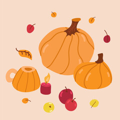 Cozy autumn set elements in flat graphic design. Bundle of orange pumpkin cup and harvest, apples, warm candle and red, orange and yellow leaves. Fall symbol composition. Vector illustration isolated.