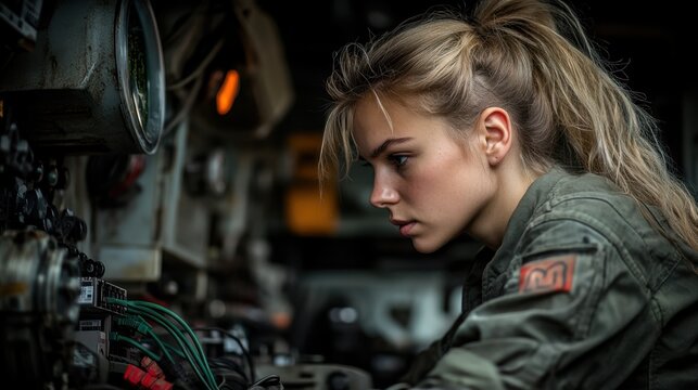 Focused Young Woman in Military Uniform Working on Technical Equipment in a High-Tech Military Vehicle, Capturing the Spirit of Service and Innovation - Powered by Adobe