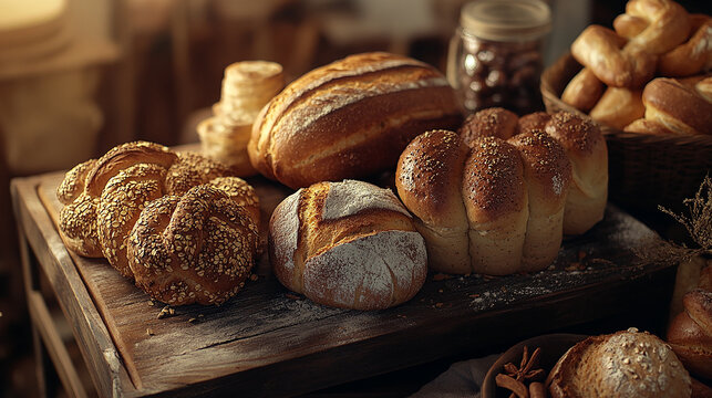 An assortment of breads with diverse textures