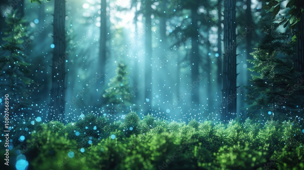 Poster a magical, ethereal forest scene with sunlight filtering through the trees and glowing particles flo