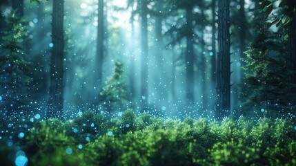 Obraz premium A magical, ethereal forest scene with sunlight filtering through the trees and glowing particles floating in the air.