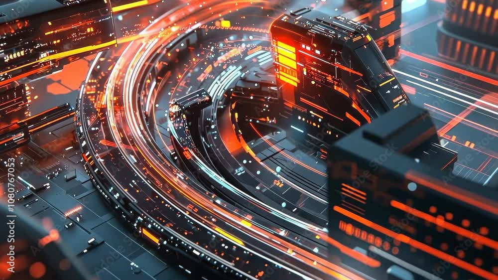 Poster futuristic digital design glowing orange and blue lines in abstract landscape showcasing advanced te