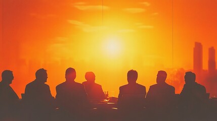 Business Meeting Silhouettes Against a Stunning Sunset View, Capturing a Serene Atmosphere of Collaboration and Decision-Making in a Corporate Setting