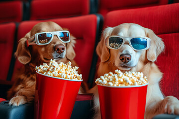 couple of funny retriever dogs wearing 3d-glasses watching movie with popcorn buckets in cinema