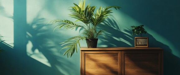 A Green Wall with Palm Plant, Wooden Cabinet and Sunlight