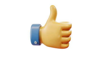 Yellow cartoon-style thumbs up gesture with blue sleeve cuff and metallic button detail on white background. Perfect for social media and approval concepts. AI generated.