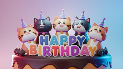 Adorable cartoon cats wearing party hats on a birthday cake with colorful lettering. AI generated.