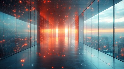 Futuristic corridor with glowing elements and city view.