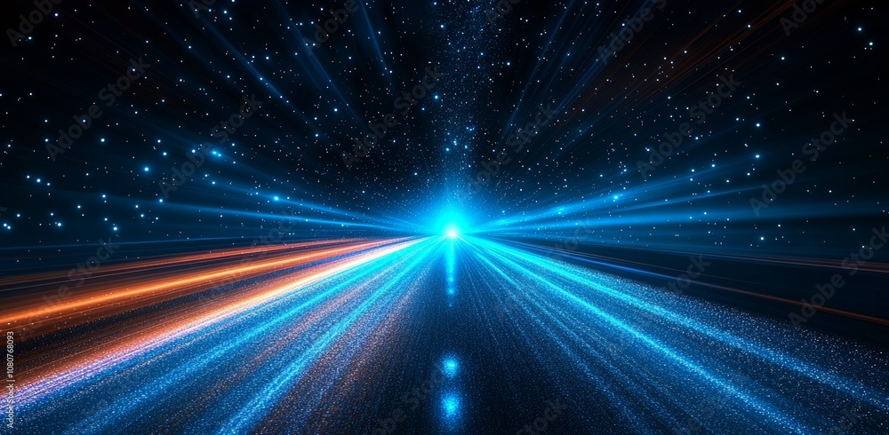 Poster a 3d rendered image of speed lines moving on an abstract blue technology background with light ray b
