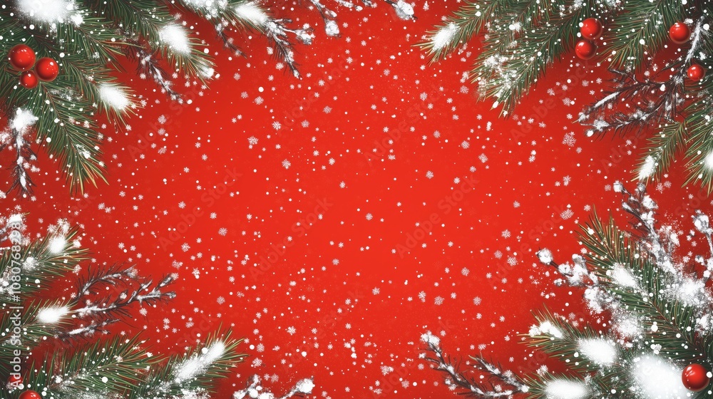 Poster frame of red chrismtas background with snowy christmas tree branches