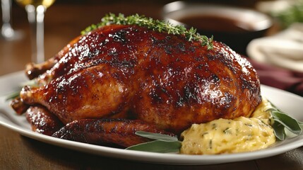 Fototapeta premium Succulent Roast Turkey with Herb Glaze and Savory Mashed Potatoes