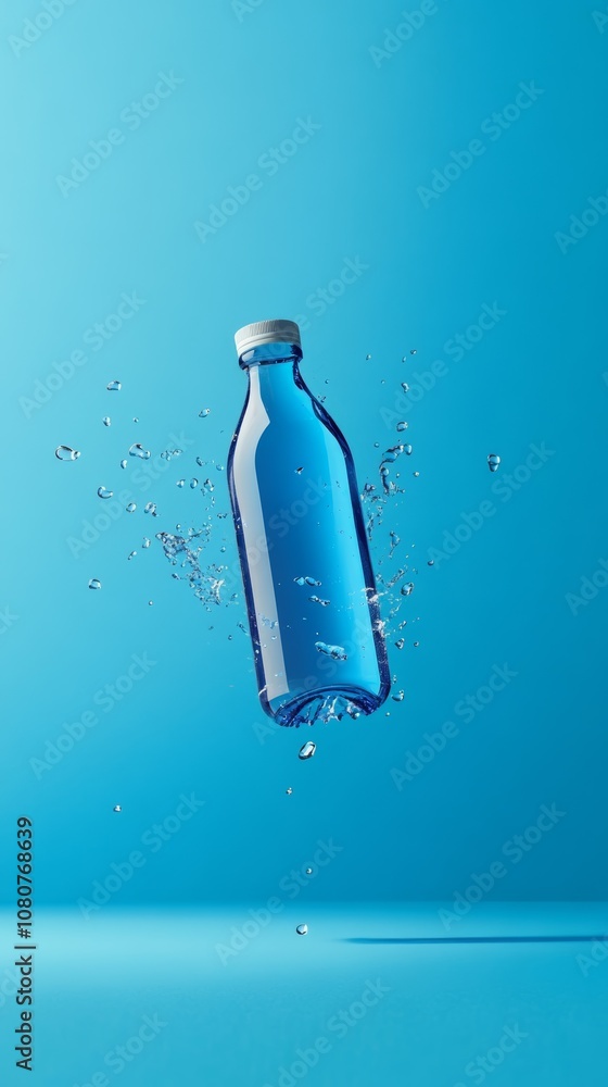 Poster Refreshing blue water bottle floating and splashing on a vibrant light blue background, creating a dynamic and energetic scene promoting hydration and purity