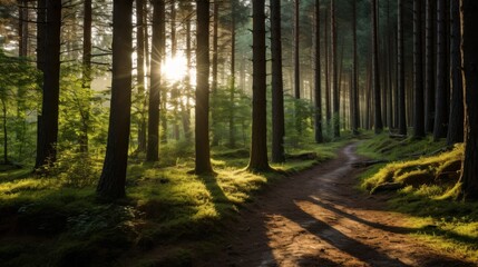 Fototapeta premium Golden sunlight streams through a tranquil pine forest.