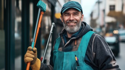 Smiling street cleaner holding a brush with gloved hand, wearing teal apron and cap, standing on urban street.