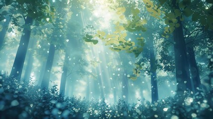 Obraz premium Sunbeams pierce through the canopy of a misty forest, illuminating the path ahead.