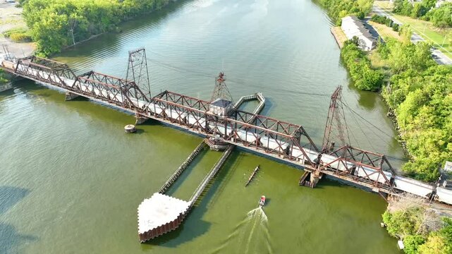 Aerial of Toledo Train Trestle Over River with Rowing Team