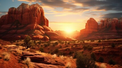 Majestic sunrise illuminates the vibrant sandstone formations of the desert landscape.