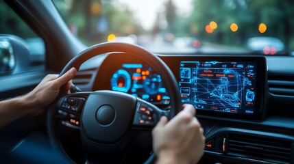Closeup of driver's hands on steering wheel of car with digital navigation screen showing map.